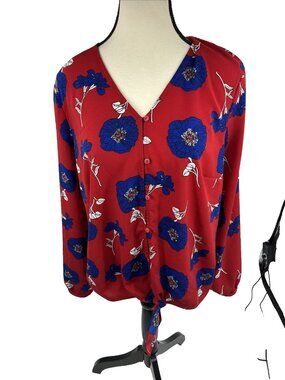 Liz Claiborne Womens Floral Tie Front Blouse Red Blue Long Sleeve Size M